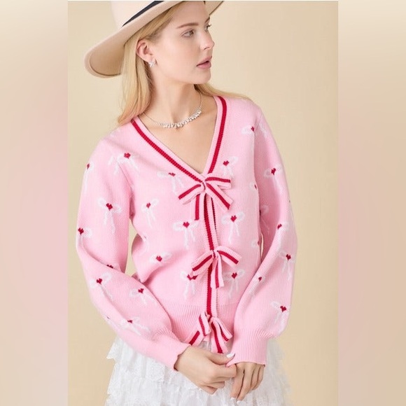 Ribbon Bow Print Striped Cardigan - Main Strip - Picture 2 of 7